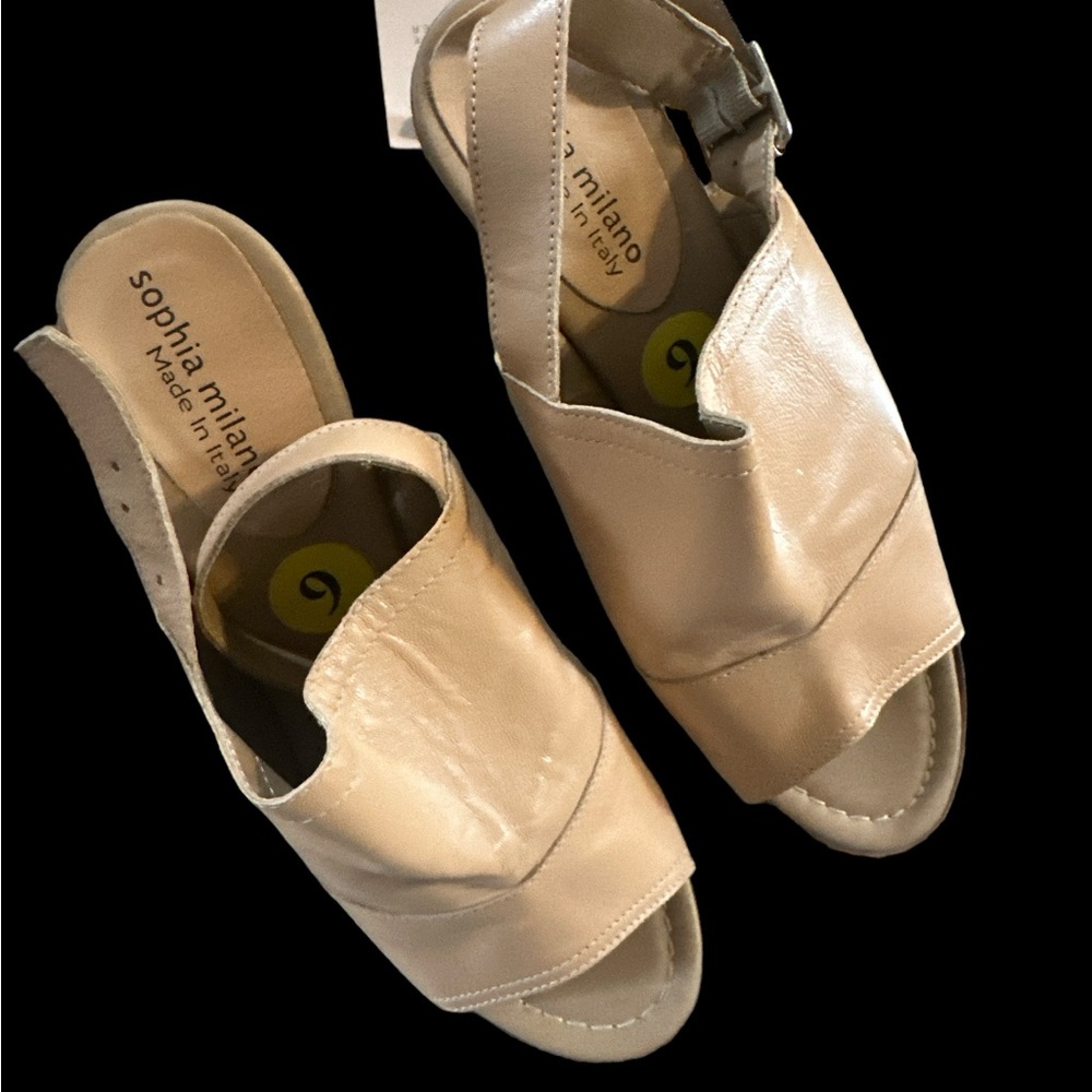 Sophia Milano genuine leather sling back buckle open toe mules wood block heel
